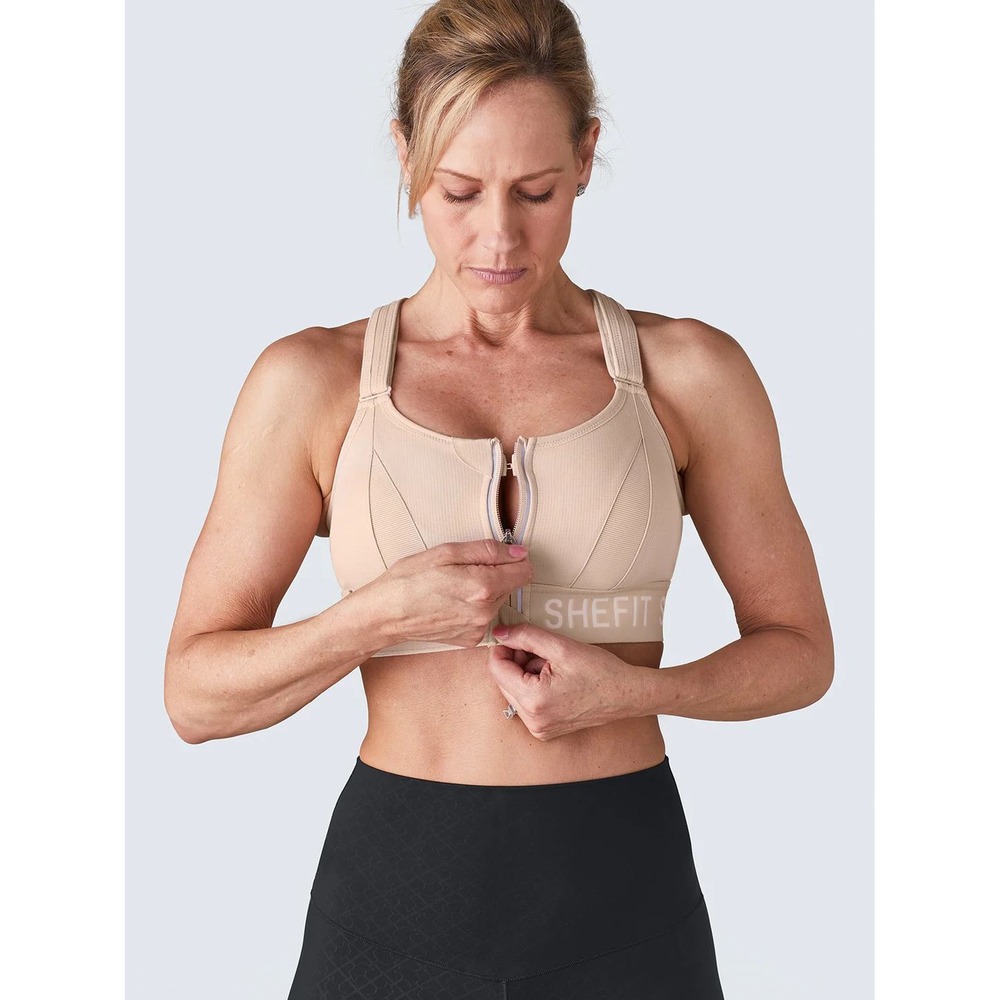 Shefit Ultimate Sports Bra Sandstorm Beige High Impact Front Zip Sz 1 Luxe NWOT - Picture 2 of 16